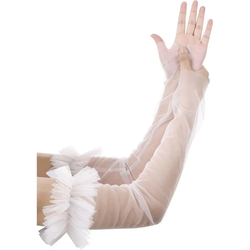 Women's Fingerless White Long Sleeves Gloves Puffy Ruffle Cuffs Wedding Prom